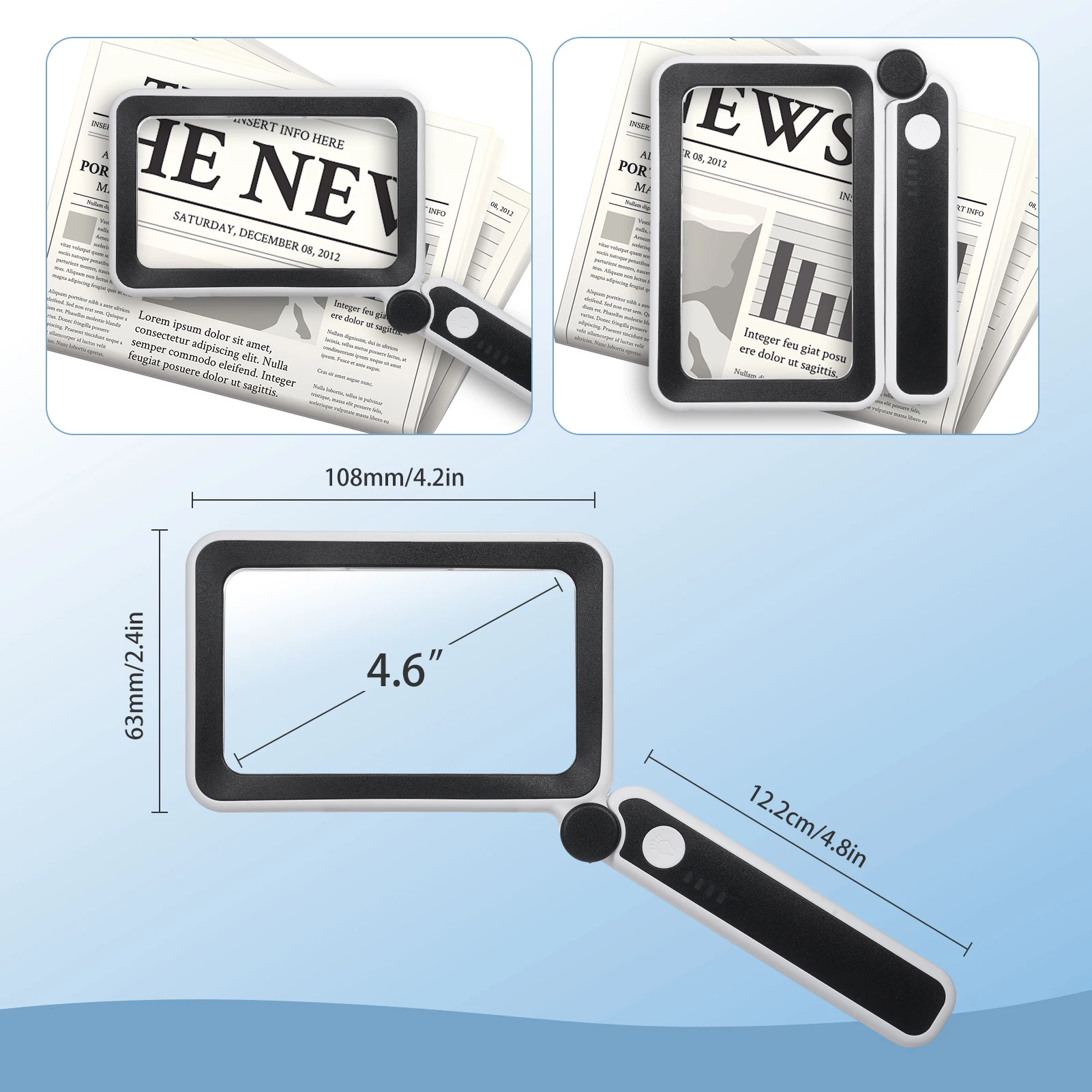 Handheld Magnifier 4X Magnifying Glass for Reading Full Book Page Newspaper Rectangular Magnifying Glass w/ Bright LED Lights 3
