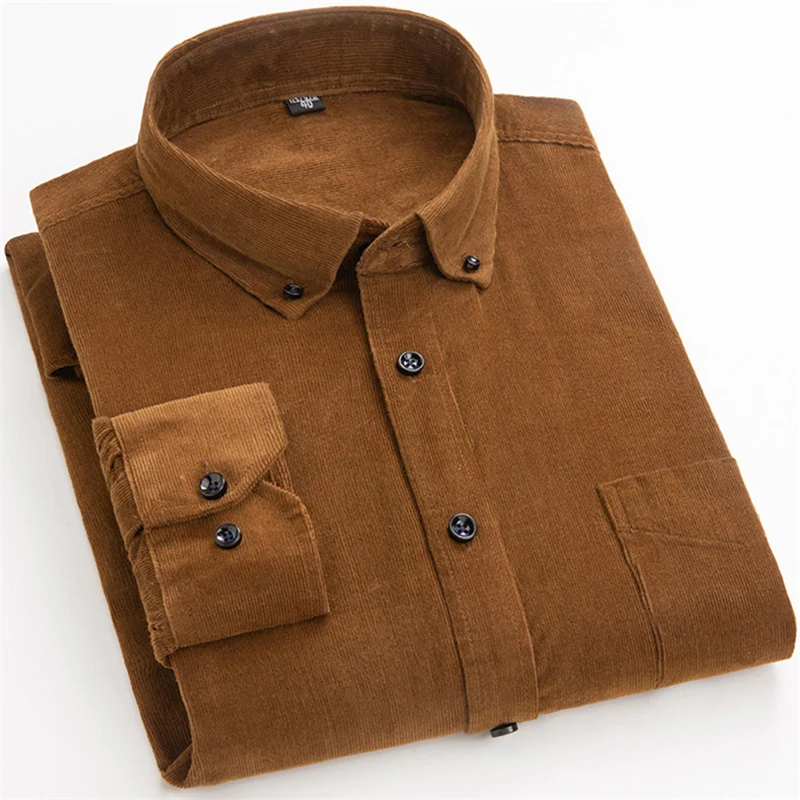 Long Sleeve Casual Shirt For Men Cotton Corduroy Solid Color S-6XL Size Daily Use New Arrival Fashion Autumn Winter Warm Shirts