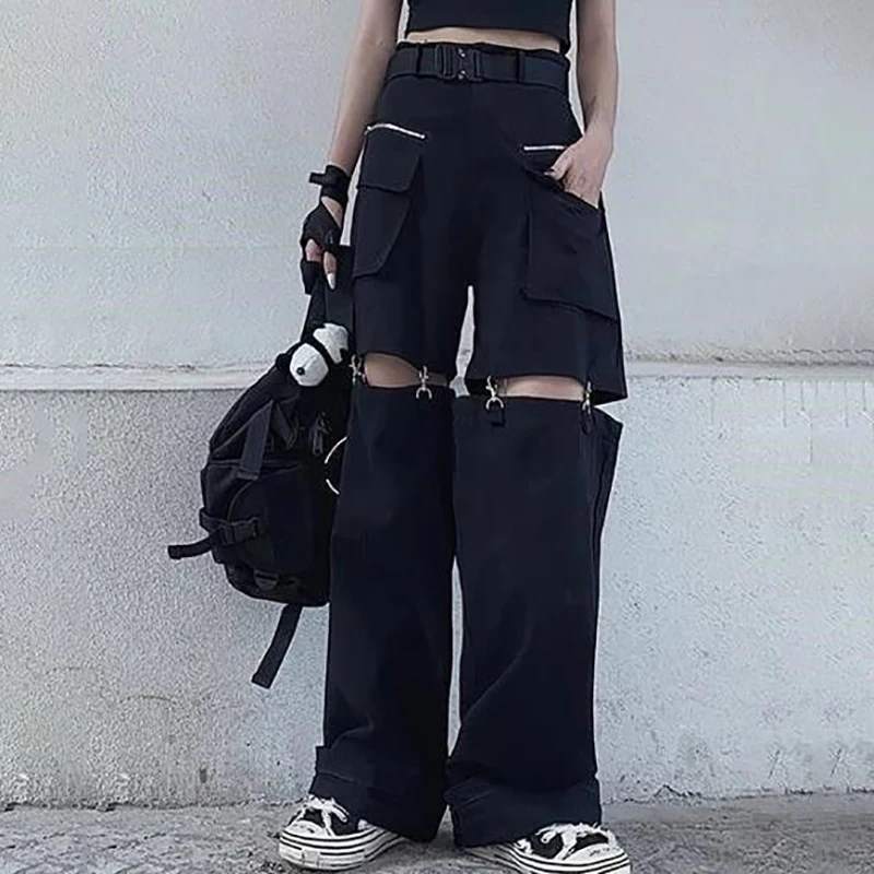

Deeptown Gothic Black Cargo Pants Women Punk Oversize Hollow Out Wide Leg Pocket Trousers Goth Hip Hop
