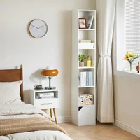 6-Tier Slim White Bookcase with Doors – Narrow Media Storage Cabinet for CDs, DVDs, Books, Display - Image 2