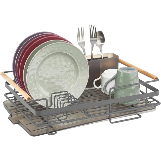 mDesign Steel Compact Modern Dish Drying Rack with Cutlery Tray