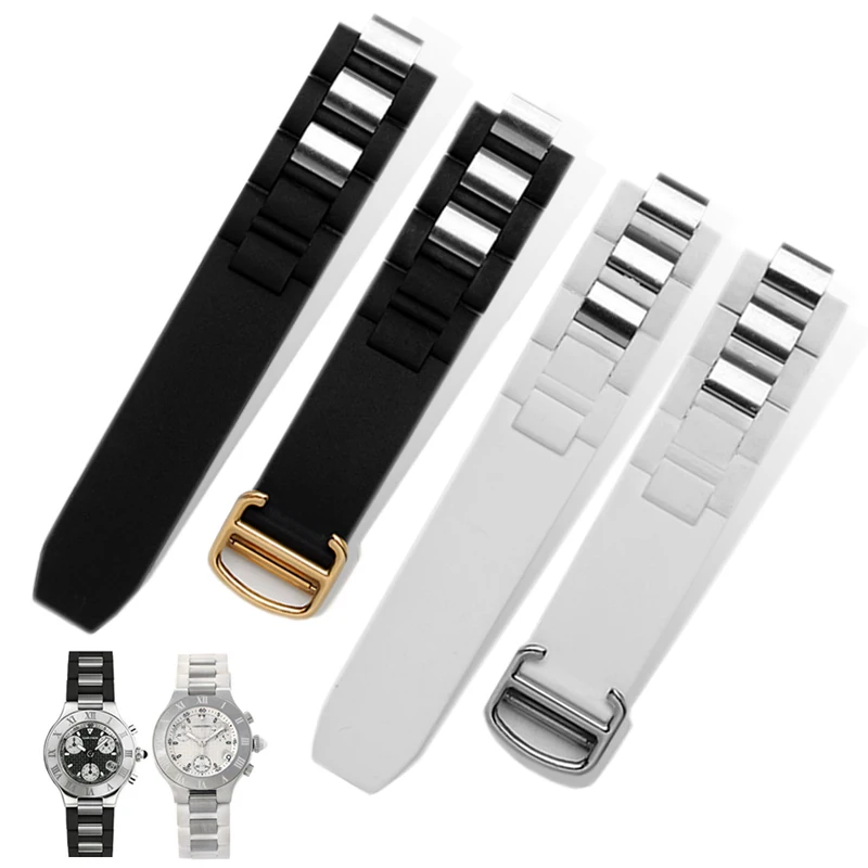 

Watch Band for Cartier 21Th Century Series White Black Stainless Steel Rubber silicone Watchband Men Women Bracelet 20-10mm