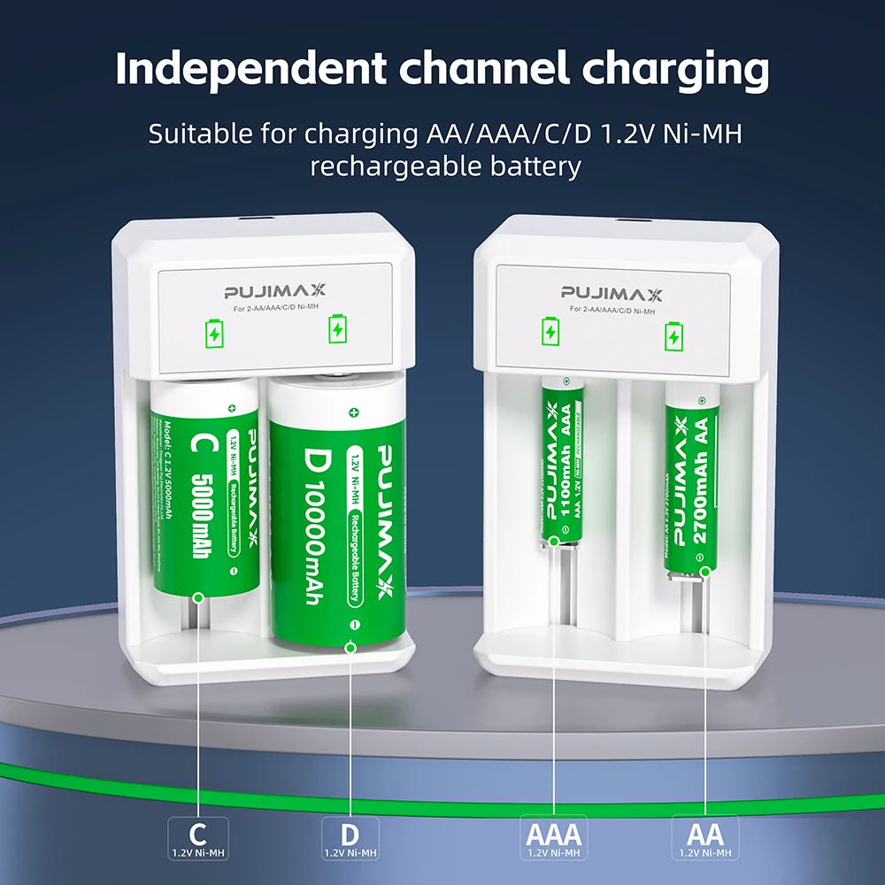 PUJIAMX AA/AAA/C/D 배터리 충전기(1.2V NI-MH 충전식 배터리용) LCD 디스플레이 USB 타입 C 케이블이 포함된 고속 충전 도구
