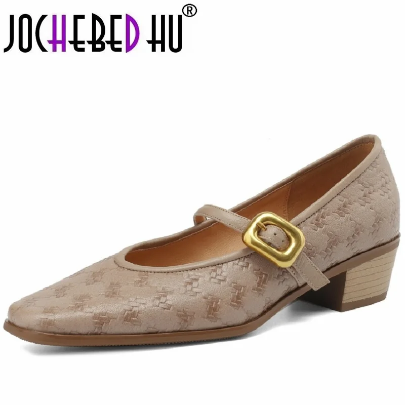 

【JOCHEBED HU】Women Brand Genuine Leather Fashion Square Toe Shallow Ladies Elegant Flat Mary Jane Shoes Outdoor Dress 34-41