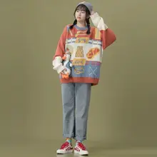

Fashion Trend Hong Kong Style Wild Stitching Pattern Printing Autumn and Winter New Round Neck Pullover Sweater Top