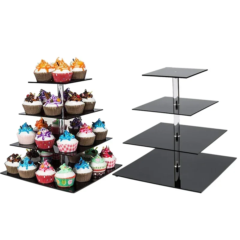 4 Layer Black Acrylic Cake Stand For Display Birthday Wedding Party Decoration Square Jewelry Display Stand Cupcake Holder Plate