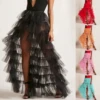Women Long High Low Ruffles Tulle Skirt Solid Color Mesh Tied-Up Irregular Floor-Length Party Train Overskirt Cover Ups 2