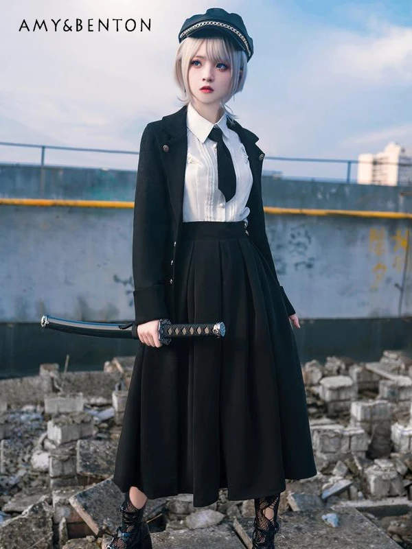 

British Preppy Style Lolita Outfits Shirt Skirt Midi Suit Coat Three-Piece Sets Women Spring New Retro All Match JK Skirt Sets