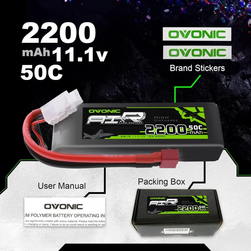 OVONIC 3S 2200mAh 11.1V 50C Lipo Battery With EC3 Connector For RC Drones & Airplanes