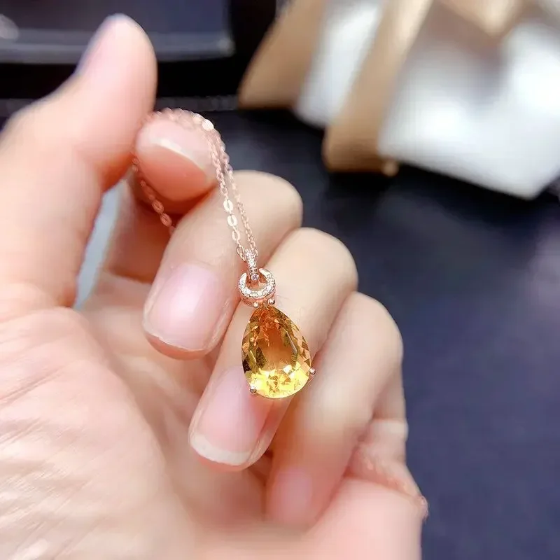 

Ожерелье из серебра 925 пробы с кулоном из натурального цитрина, женская простая элегантная цепочка до ключиц с топазом в форме капли, Изящные Ювелирные украшения