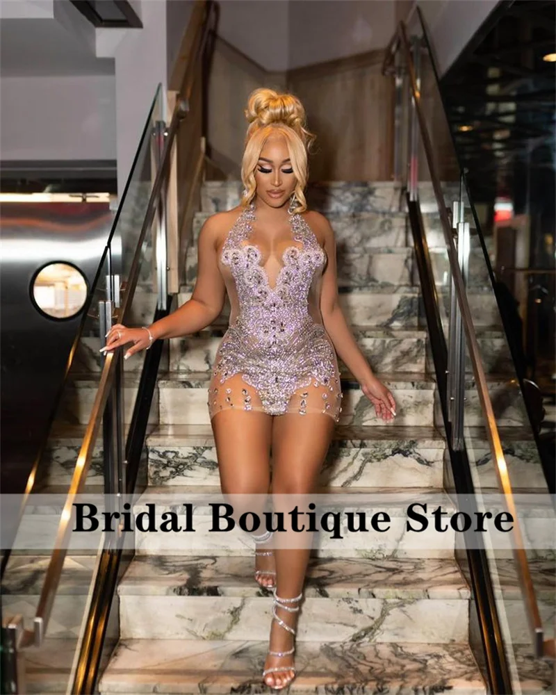 Sexy Sparkly Diamonds Short Prom Dress Glitter Crystals Rhinestone Beads Homecoming Birthday Party Dress Robe Customized