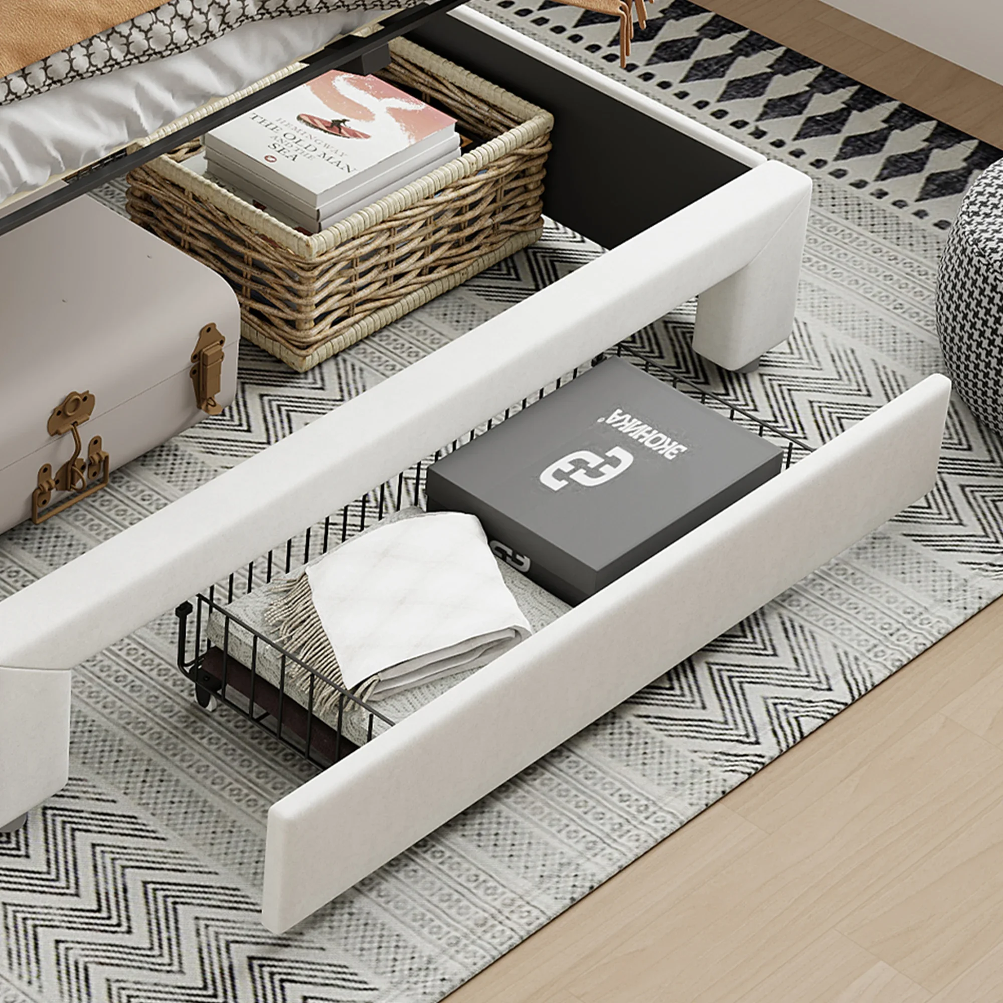 Rosahqnda Polsterbett mit Stauraum, LED-Doppelbett mit USB-Anschlüssen, Kastenbett, mit Stauraum, Samtstoff, ohne Matratze – Detail 6