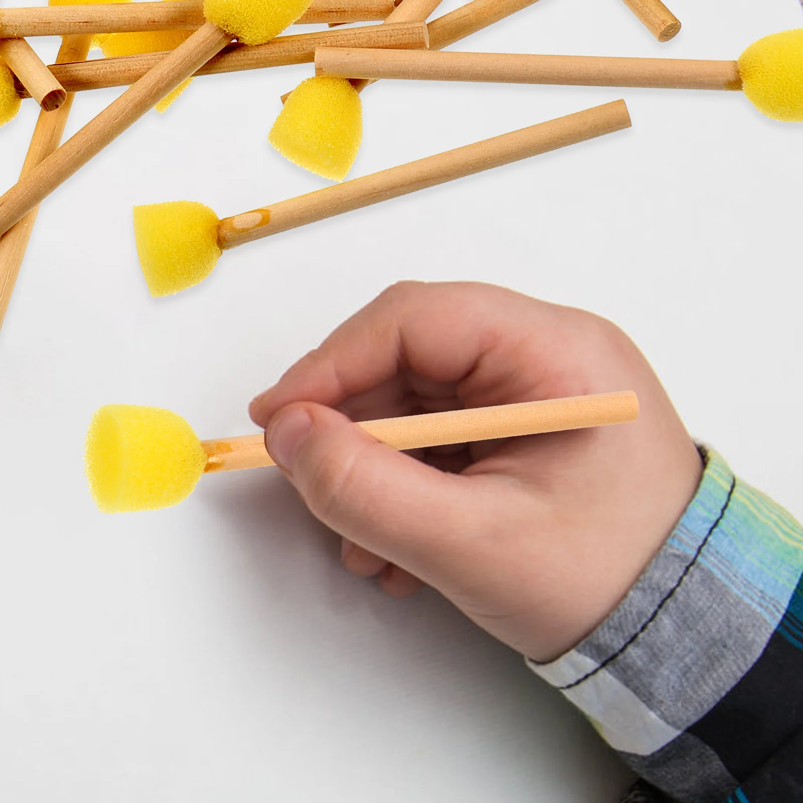 100 Pcs Sponge Brush Wooden Handle Foam Brushes Yellow Paint Pen Graffiti Painting Kids