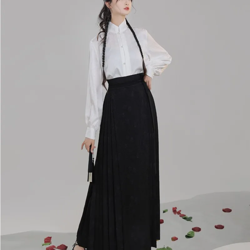 

Improved Hanfu Dress Women's Ming Made Han Elements Chinese Style Daily Stand-up Collar Shirt Jacquard Horse Face Skirt