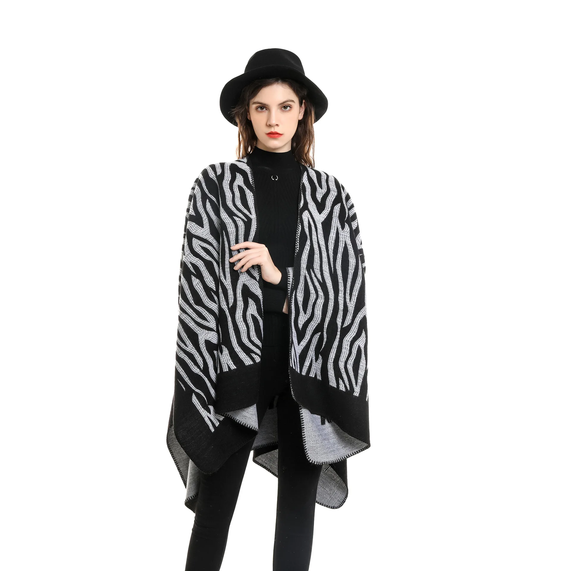 Women Cashmere Feel Shawl Lady Classic Zebra Striped Vintage Cape Spring Autumn Retro Cardigan Winter Cloak Soft Large Blanket