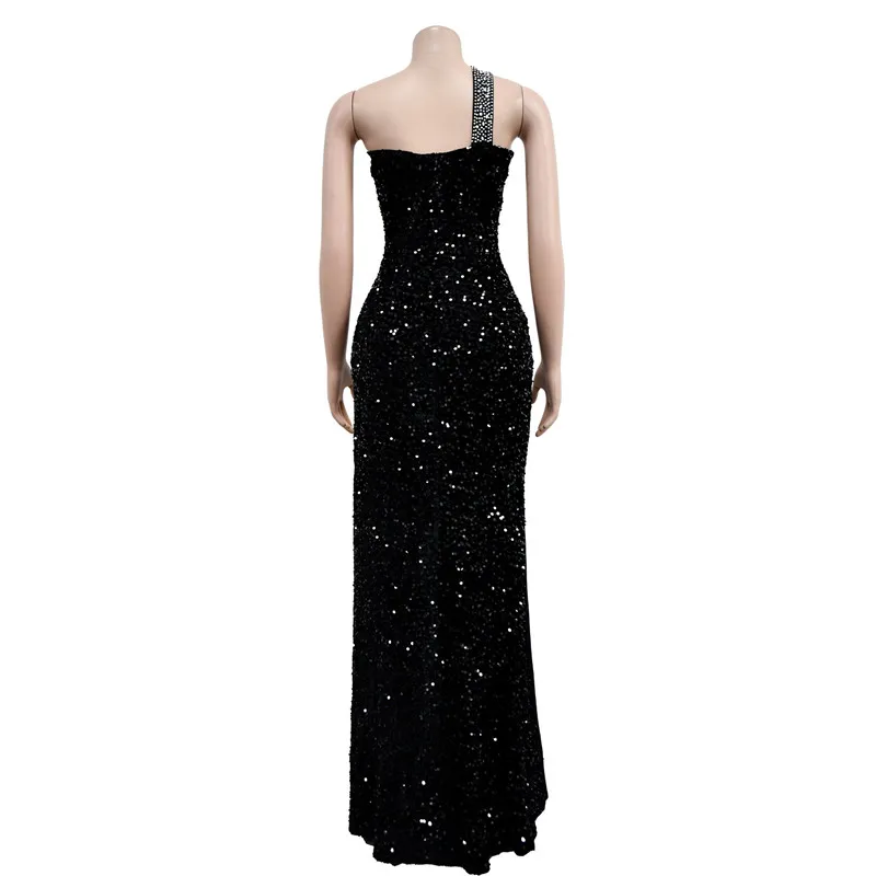 RLMABABY Sexy One Shoulder Backless Diamond Sequin Long Bodycon Dress Women Club Party High Split Sleeveless Elegant Slim Dress