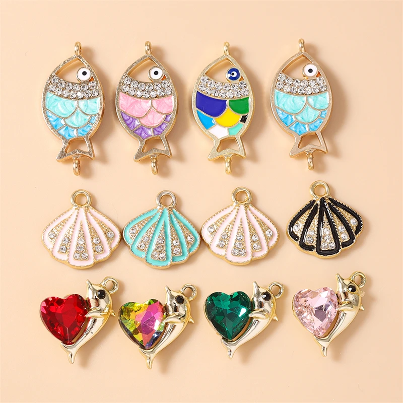 10pcs 귀여운 해양 생물 참 크리스탈 합금 물고기 쉘 참 펜던트 목걸이 귀걸이 만들기 DIY 공예 쥬얼리 액세서리