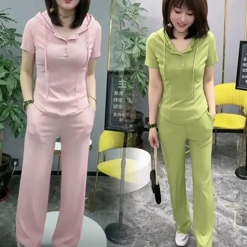 2024 Leisure Fashion Women's Set Summer New Hooded Half Open Neck Short Sleeve Slim Fit Top Wide Leg Pants Two Piece Set