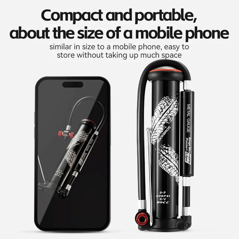 ROCKBROS LD-0510 Bicycle Pump 220PSI Mini Hand Air Pump Tire Inflator Schrader Presta Portable AV/FV MTB Bike Road Bike Accessories - Image 6