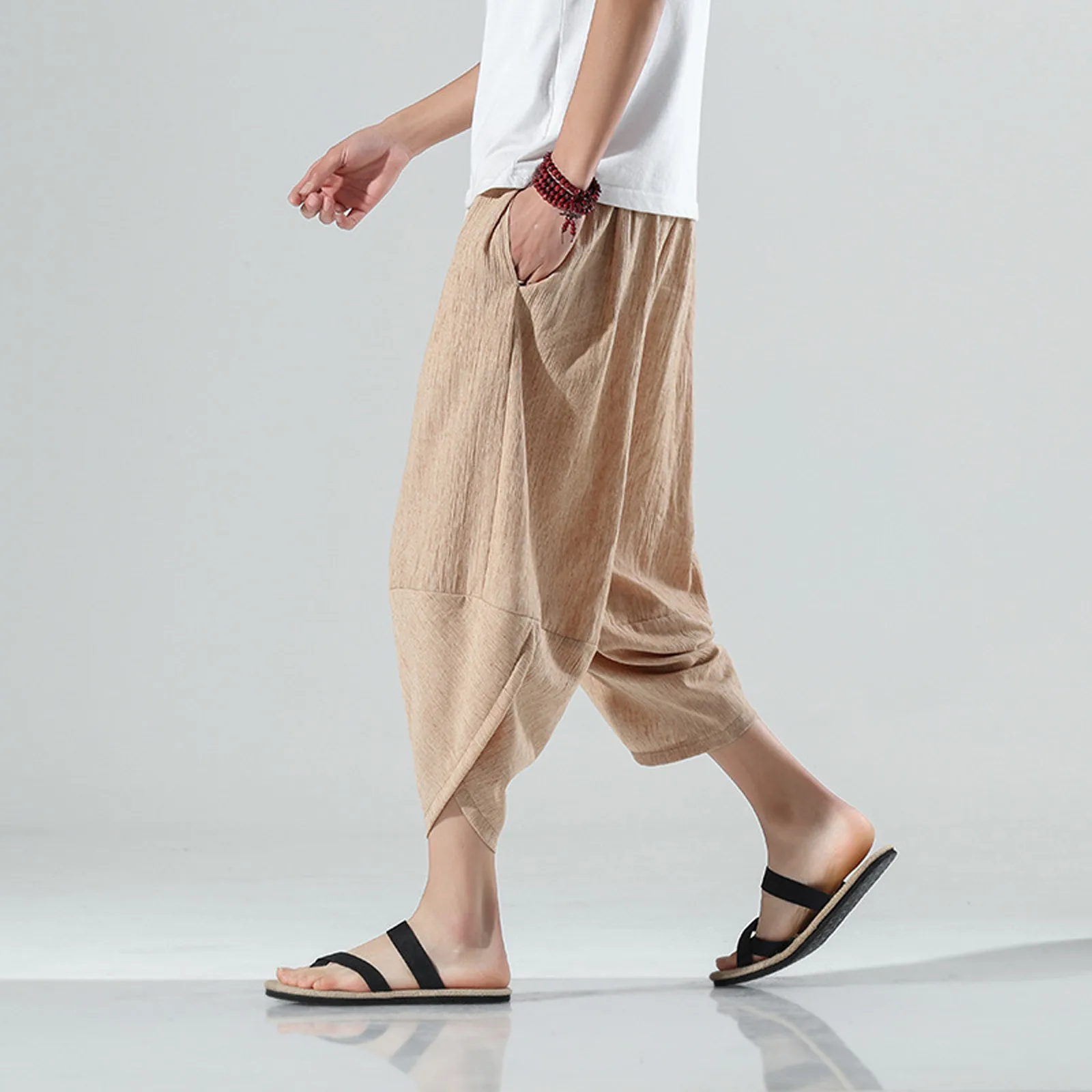 

Men's Lightweight Elastic Waist Wide Leg Casual Loose Beach Solid Pants