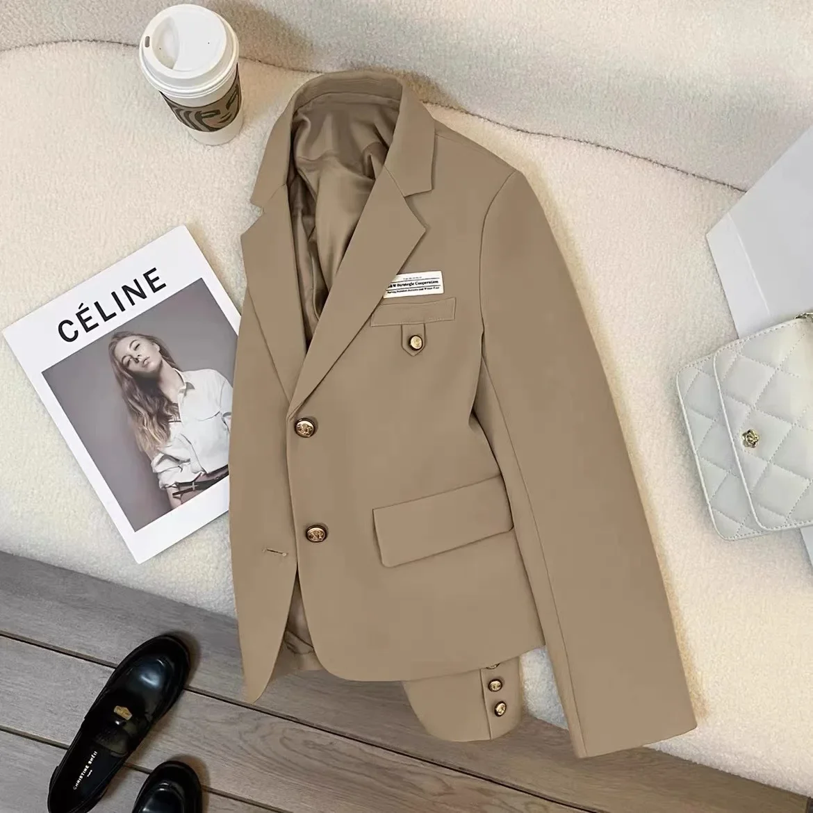 Women's Chic Blazers Coat Single Breasted Outwear Korean Ladies Vintage Basic Long Sleeve Office Jacket Femme Casual Short Veste