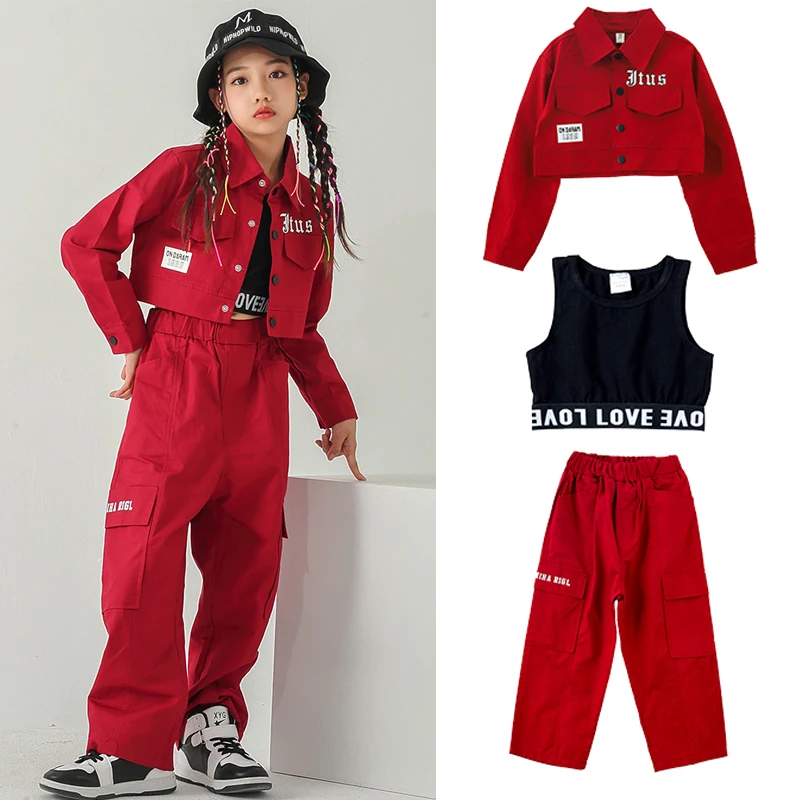 

Kids Teen Kpop Outfits Hip Hop Clothing For Girls Jazz Costumes Red Shirt Pants Street Dance Clothes Performance Wear SL7505