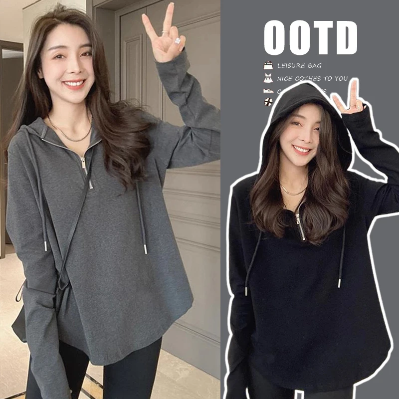 Maternity Women Pregnancy Cotton Black Hooded Zipper Long Sleeved T-shirt Female Spring Autumn Korean Hooded Bottom T-shirt Tops