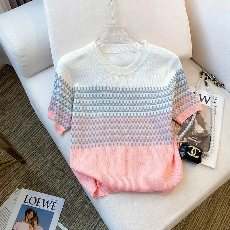 

Summer 2023 New Design Retro Contrast Stripe Short Sleeve T-Shirt Slim Crop Crew Neck Ice Silk Knit Top Women
