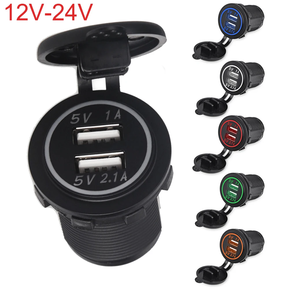 12V-24V 3.1A Dual USB Car Charger Socket with Cover Waterproof Power Adapter Socket Outlet for Vehicle Boat Truck Motorcycle