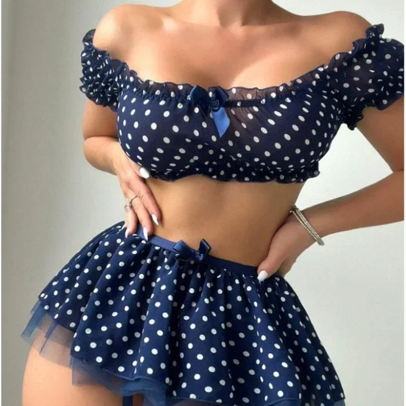 2Pcs Set Stretch Cotton Polka Dot Boatneck Ruched Bra Top & A-Line Flare Skirt Limited Edition