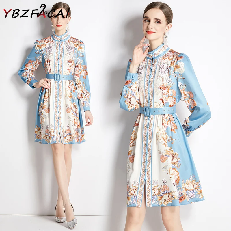 

2023 Early Spring European Positioning Printed Dress Luxury Women Stand Collar Long Sleeve Yellow Printed A Line Dress Send Belt