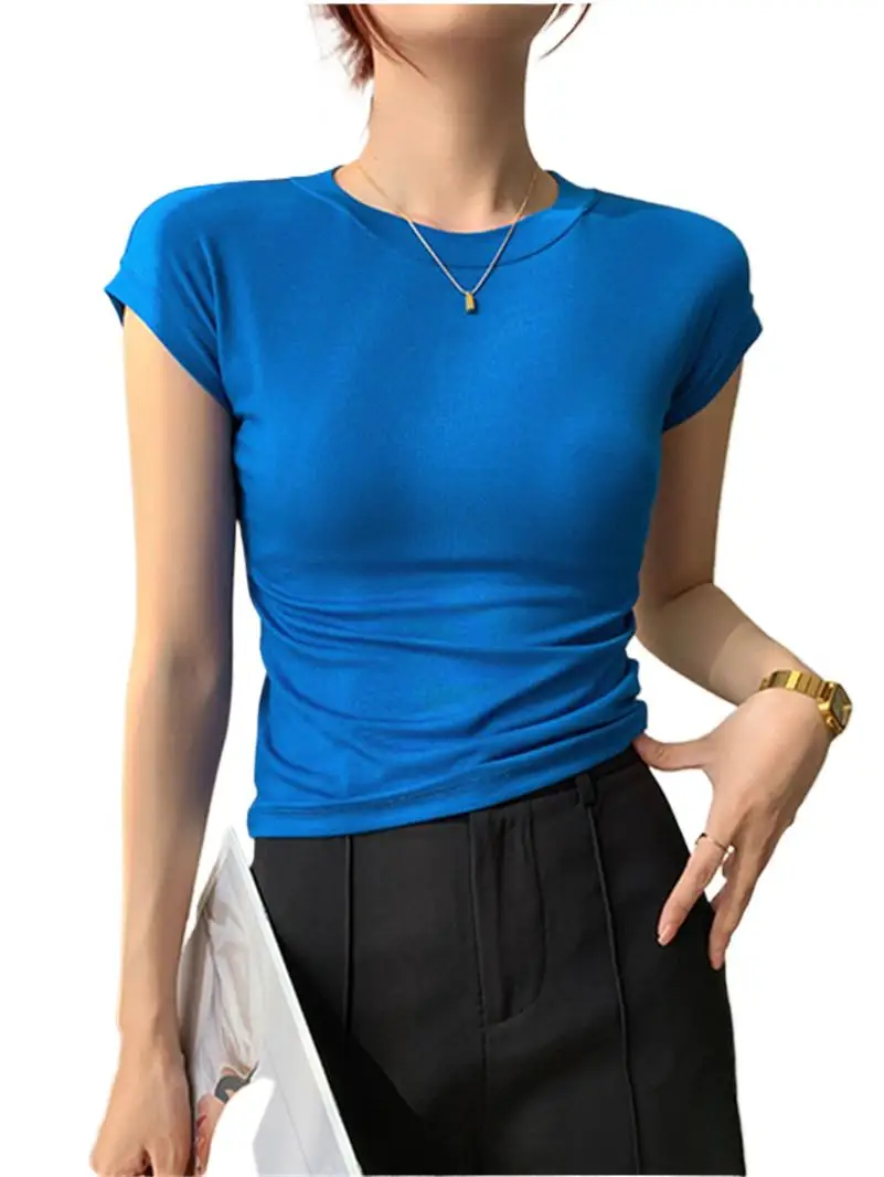 

Summer Female Knitted Cotton Comfortable O-Neck Crop Tops Sexy Sheathy Short Sleeve Lightweight Undershirts Solid Fashion