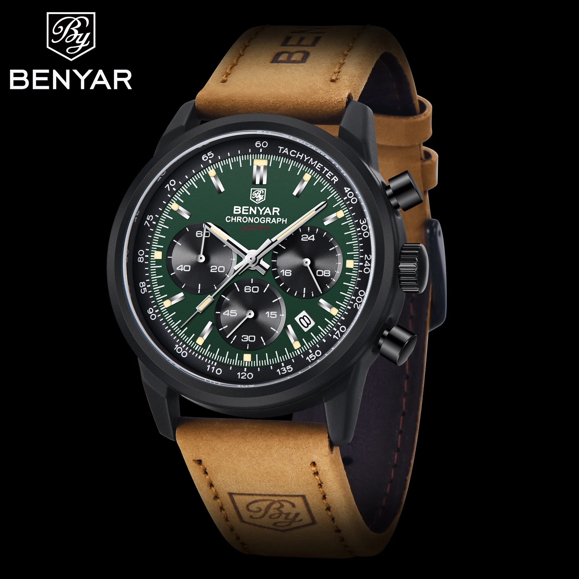 Benyar 2022 Top Design Men's Sports Quartz Watch Vintage Fashion 42mm Leather Waterproof Luminous Chronograph Relogio Masculino