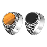 Prjewel Round Tiger Eye Stone Top Finger Band Black Gemstone Stainless Steel Stamp Ring Dragon Scales Textured Signet for Men