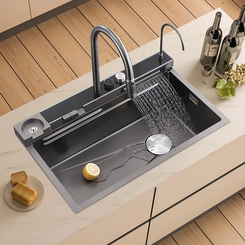

Black Digital Display Kitchen Sink Piano Keys Integrated Faucet Waterfall Fly Rain 304 Stainless Steel Sink Dish Set