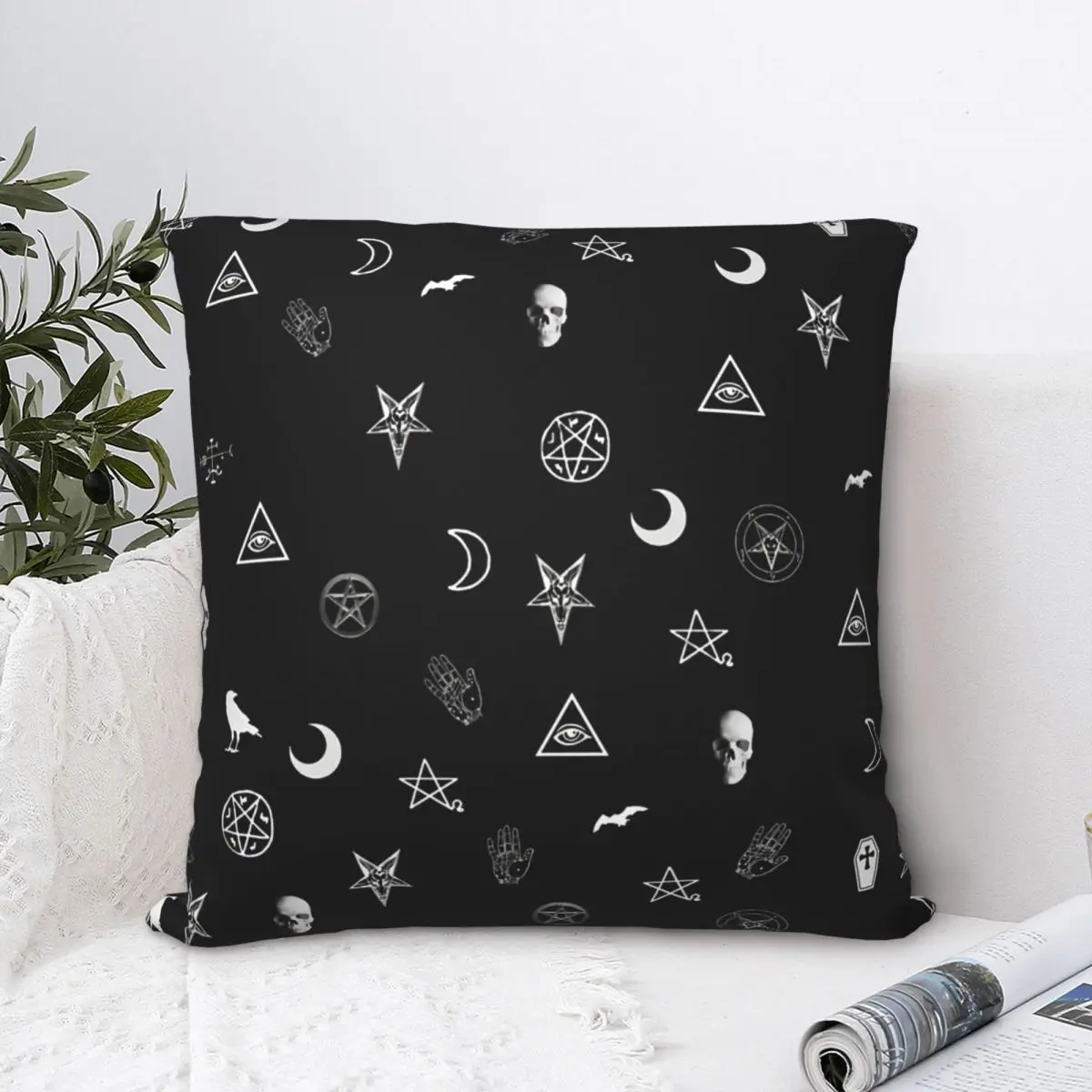 

Goth Symbols Pattern Polyester Cushion Cover Baphomet Art For Livingroom Car Decorative Washable Hug Pillowcase