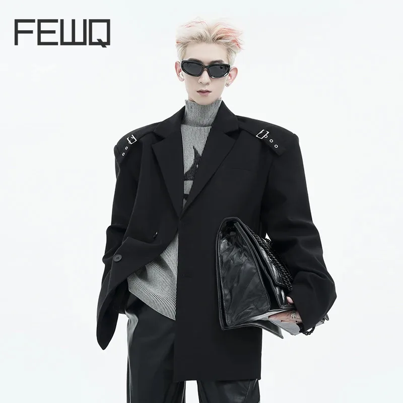 

FEWQ Woolen Shoulder Pads Men's Suit Highend Winter Wear Black Structural Design Niche Top 2023 Solid Color Male Blazers