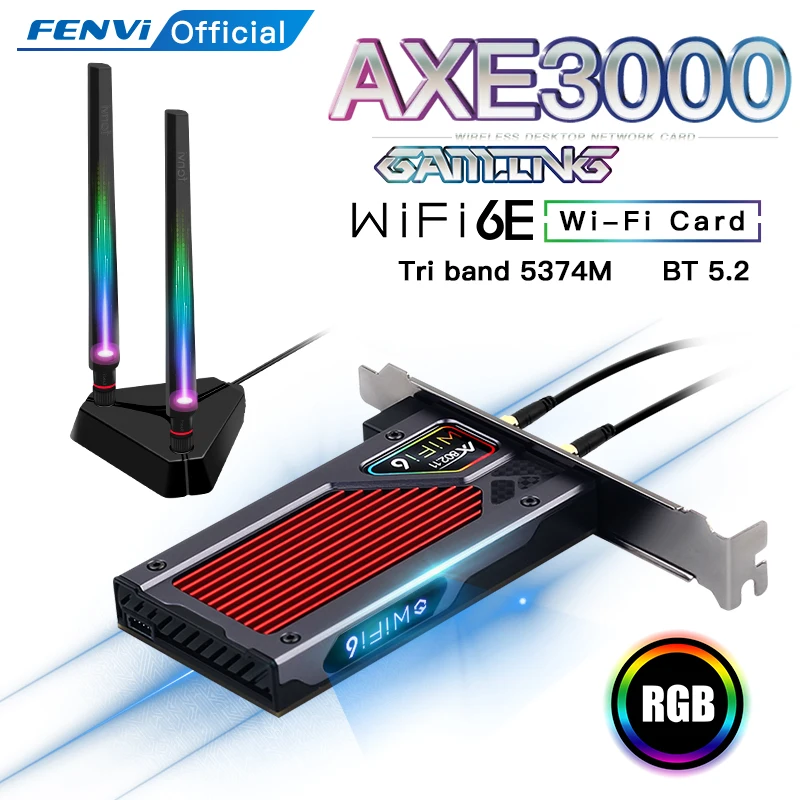 

Fenvi FV-AXE3000 Wi-Fi 6E AX210 5.2 Wireless 5374Mbps 2.4G/5GHz/6G WiFi 802.11AX/AC PCIExpress Network Card Adapter PC