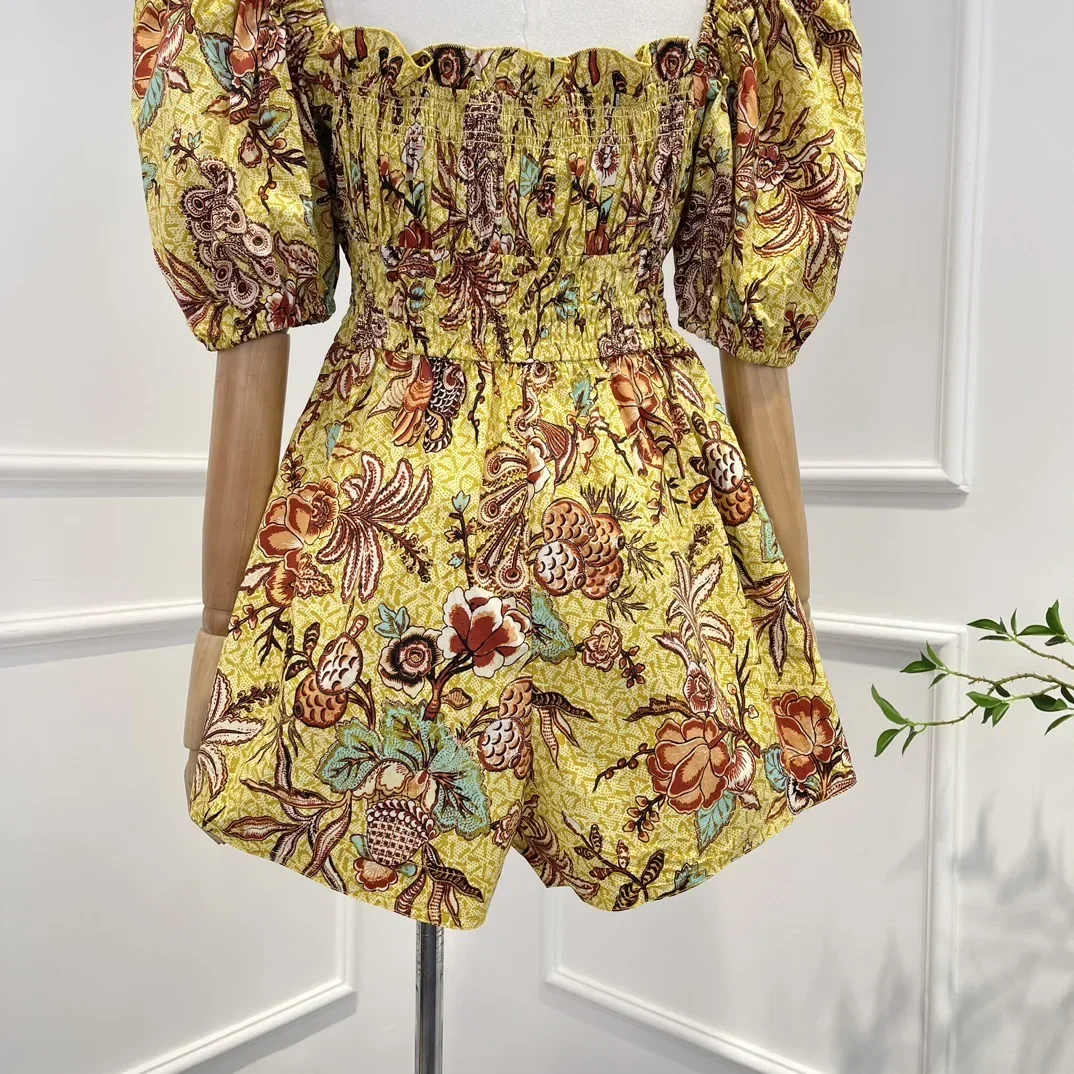 Cotton 2023 New Top Quality Floral Print Vintage Puff Sleeve Pleated Elastic Drawstring Waist Holiday Style Woman Playsuits