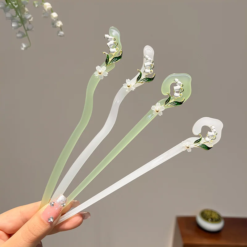

18cm Women Hairpin Jade Lily of the Valley Tassel Hairpin Hair Clips Transparent White Hair Sticks Fashion Ponytail Accessories