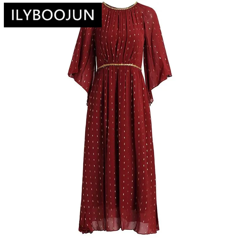 

ILYBOOJUN Fashion Women's New Round Neck Nail Beads Raglan Sleeve Elegant High-Waisted Office Lady Ball Gown Mid-Length Dress