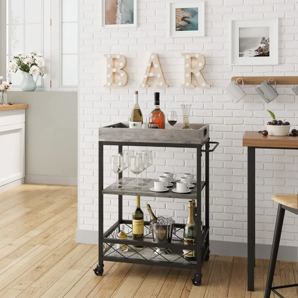 

Island Cart, Home Bar Cart, Triple Tier with Wine Rack, Wheel Lock, Bar Cart on Wheels