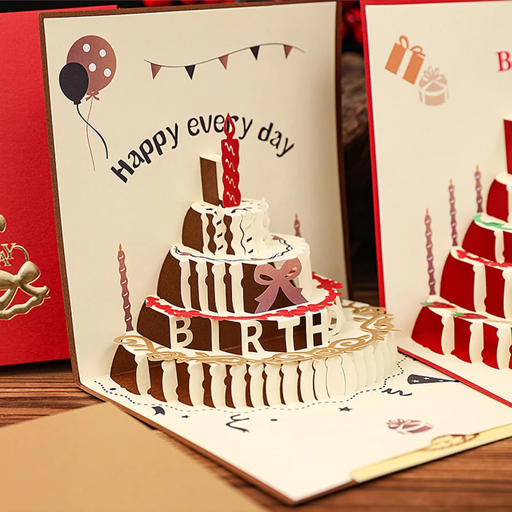 Ins 3D Pop-up Birthday Cake Shape Greeting Cards Birthday Christmas Card Postcard Party Wedding Decor Creative Gifts Cards