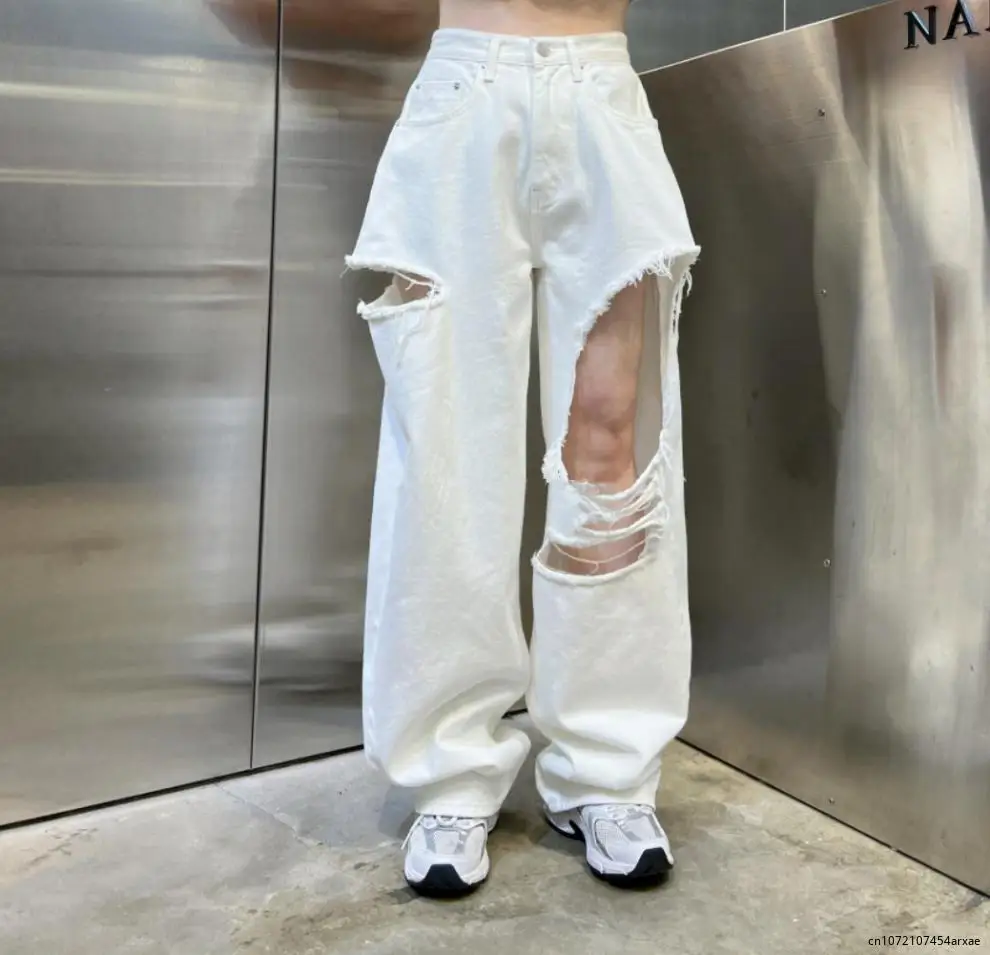 

Women Vintage Y2k Low Rise Loose Wide Leg Trousers Harajuku White Ripped Hole Baggy Denim Pants 2023 Boyfriend Straight Jeans