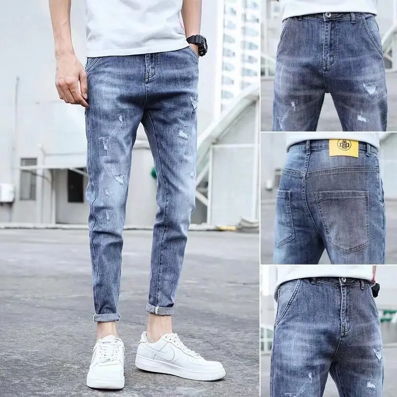 

Trendy Male Jeans Men's Luxury Ripped Jeans Slim Fit Korean Style Denim Pants for Spring and Summer Distressed Cowboy Jeans Male