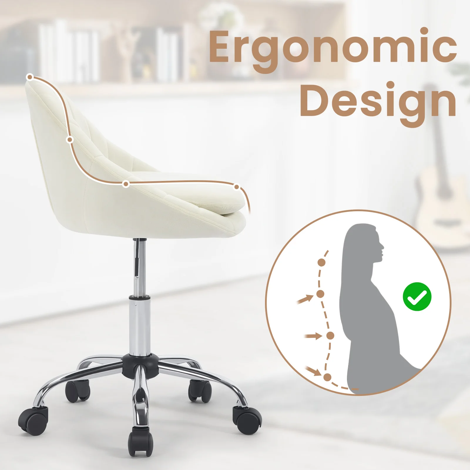 WOLTU Drehbarer Bürostuhl mit Rollen, Schreibtischstuhl, ergonomischer Make-up- und Kosmetikstuhl für Zuhause, Schreiben, Lernen, Schlafzimmer – Detail 8
