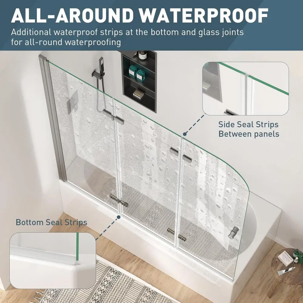 51" Tri-Fold Bathtub Shower Door Tempered Glass Framedless Design Waterproof Seal Installation Ease 6