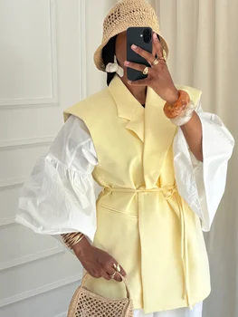 Giacca da abito senza maniche con lacci casual da donna Cappotto con spalla imbottita con bottoni con risvolto solido allentato 2025 Cappotti da donna da strada per pendolari estivi 1