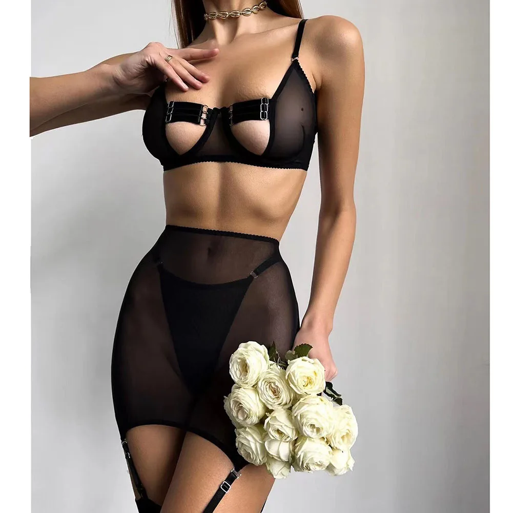 

Women Sexy Lingerie Cut Out Bra Garter Lace Underwear 4-Piece Exotic Sets Mesh