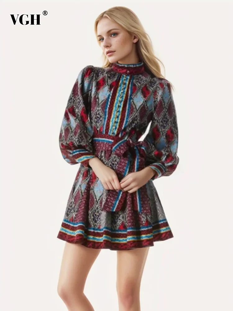 

VGH Hit Color Printing Spliced Lace Up Vintage Dress For Women Stand Collar Long Sleeve High Waist Slimming Mini Dresses Female